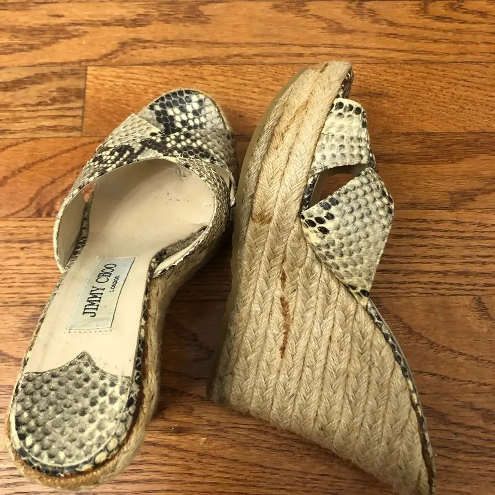 Jimmy Choo Beige and Black Snakeskin Espadrille Wedge Sandals